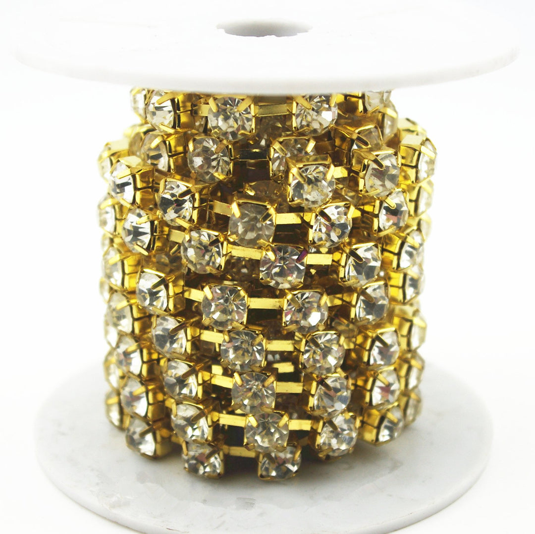 1 Yard 8mm Crystal Rhinestone Trims Chain Wedding Dress Sewing Craft Embellishments (Gold+Clear Rhinestone Chain)