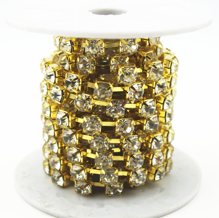 1 Yard 8mm Crystal Rhinestone Trims Chain Wedding Dress Sewing Craft Embellishments (Gold+Clear Rhinestone Chain)