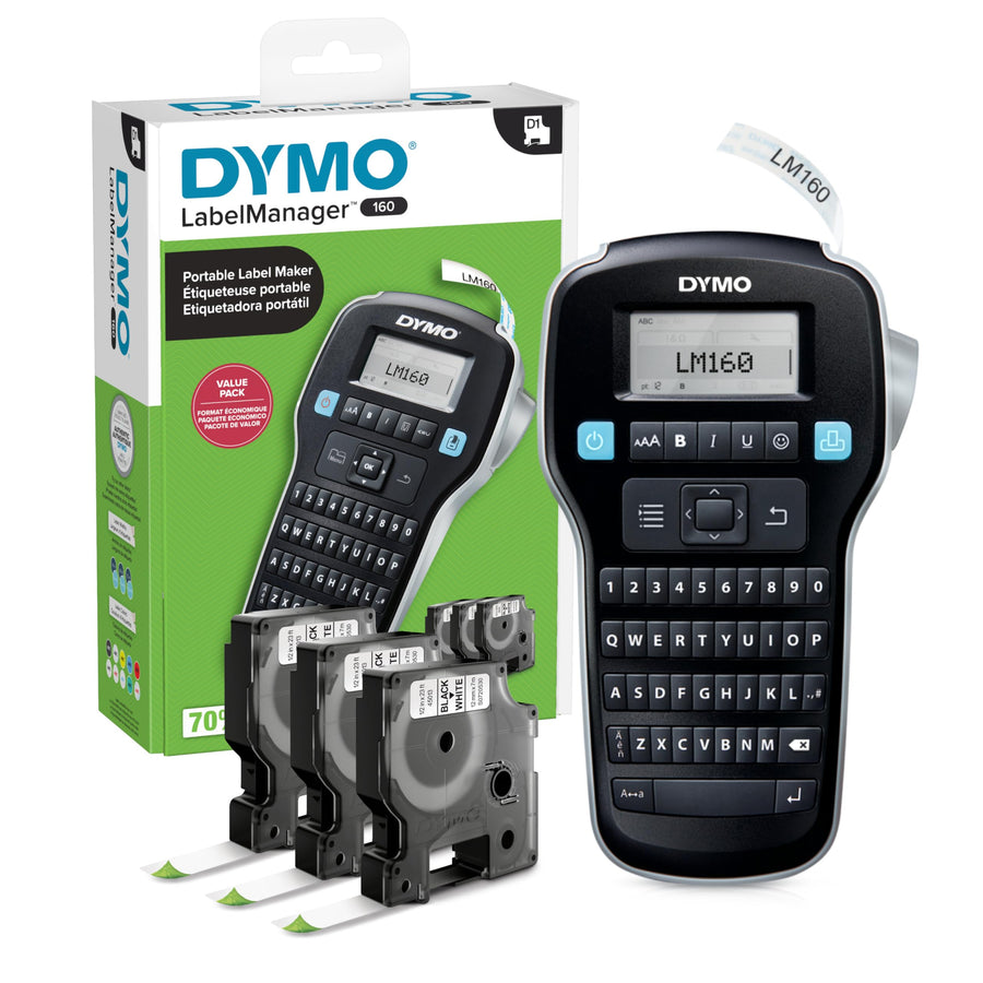 LabelManager 160 Portable Label Maker Bundle, Easy-to-Use, One-Touch Smart Keys, QWERTY Keyboard, Large Display, For Home & Office Organization, Includes 3 D1 Label Cassettes