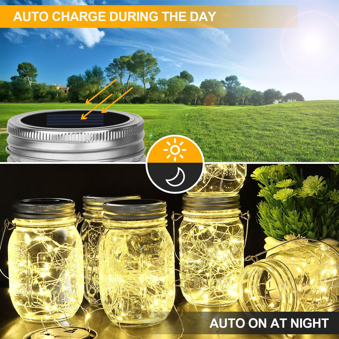 Upgraded Hanging Mason Jar Solar Lights, 6 Pack 30 LEDs Fairy Lights with Jars and Hangers, IPX6 Waterproof Hanging Solar Lights Outdoor, Solar Lanterns for Balcony Backyard Garden Fence Decor