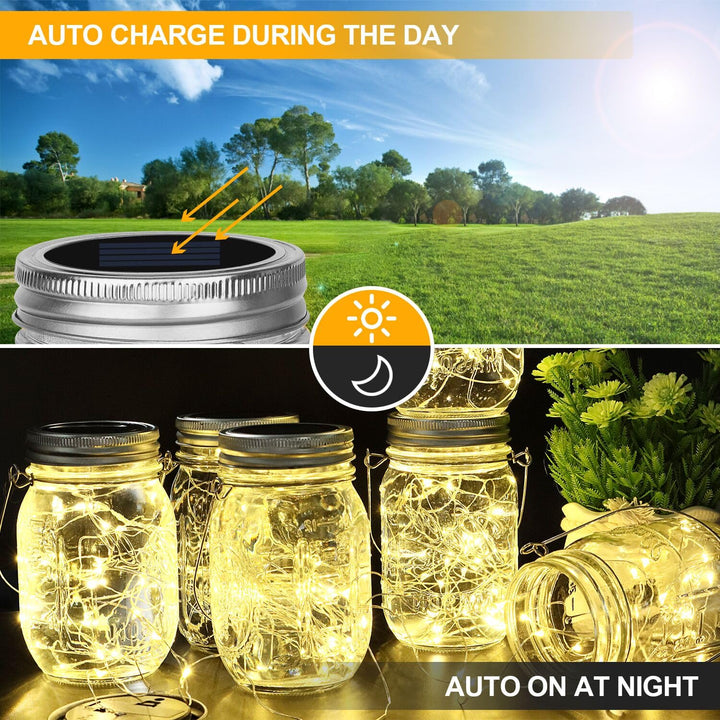 Upgraded Hanging Mason Jar Solar Lights, 6 Pack 30 LEDs Fairy Lights with Jars and Hangers, IPX6 Waterproof Hanging Solar Lights Outdoor, Solar Lanterns for Balcony Backyard Garden Fence Decor