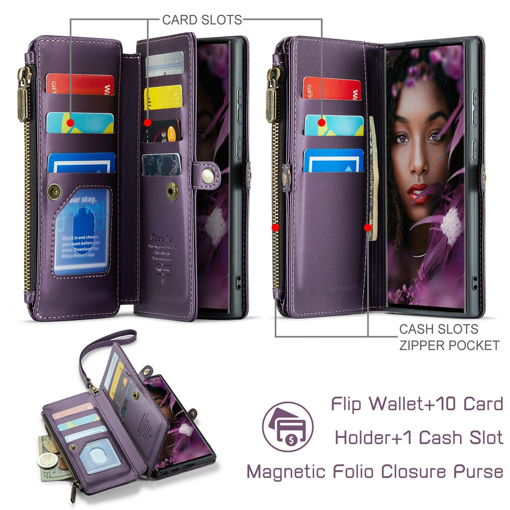 Compatible with Samsung Galaxy S22 Ultra Case Wallet with Card Holder for Women Men, PU Leather Magnetic Snap Flip Zipper Strap Wallet Case Fit for Galaxy S22 Ultra 5G, Black