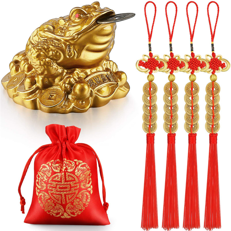 Feng Shui Money Frog with Chinese Coins Lucky Knots Red Blessing Bag Gold Three Legged Toad Decoration for Attracting Wealth Success Chinese New Year Gifts