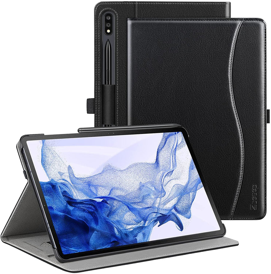 for Galaxy Tab S7 FE 5G/S8 Plus/S7 Plus 12.4 Case, Premium PU Leather Folding Stand Cover with Pen Holder & Multi-View Angles for Samsung Tablet S7 FE 2021/S8+ 2022/S7+ 2020, Denim Black
