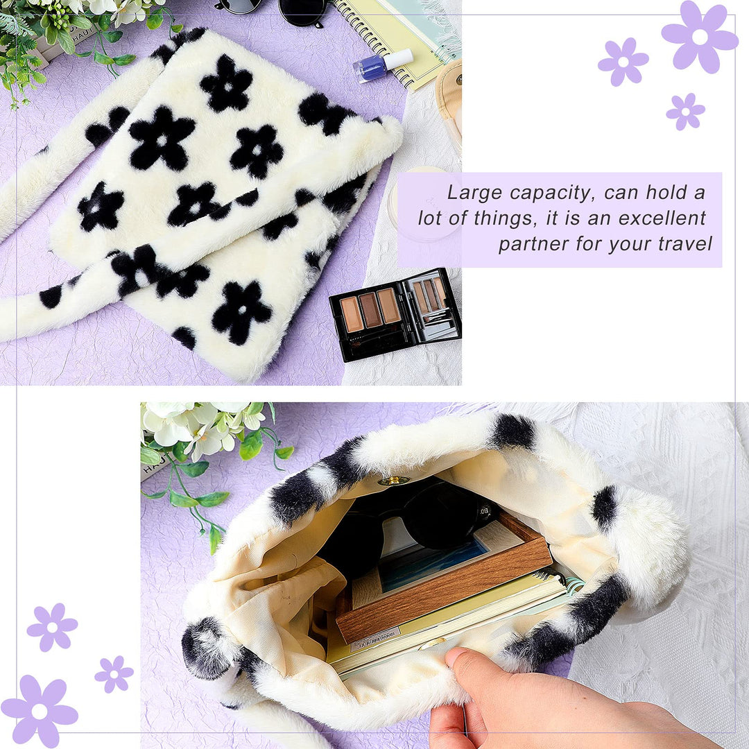 Fluffy Shoulder Bag Ladies Plush Underarm Bag Tote Bag White Women Y2K Furry Purse Handbag for Autumn and Winter (Flower, 10.2 x 11.8 Inch)