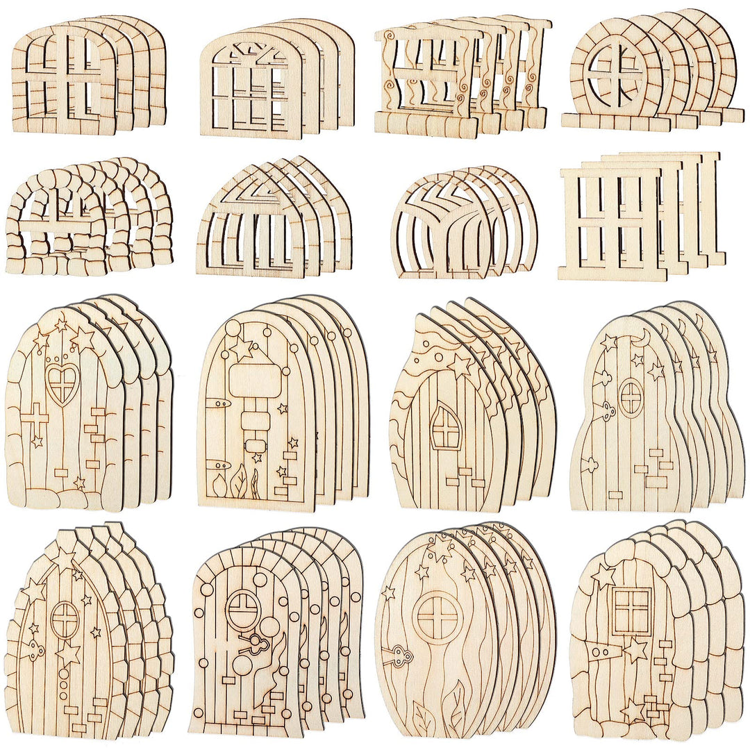 64 Pcs Fairy Door Mini Wooden Garden Doors Unfinished DIY Craft Fairy House Kit Unpainted Wood Miniature Door Blank Fairy House Doors and Windows for Home Office Wedding Party Decoration Accessories