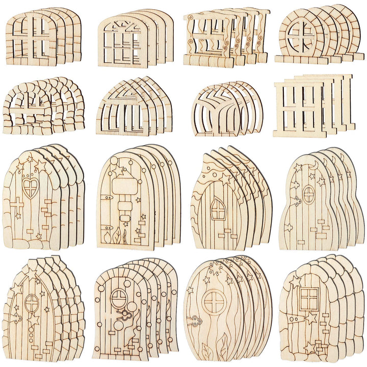 64 Pcs Fairy Door Mini Wooden Garden Doors Unfinished DIY Craft Fairy House Kit Unpainted Wood Miniature Door Blank Fairy House Doors and Windows for Home Office Wedding Party Decoration Accessories