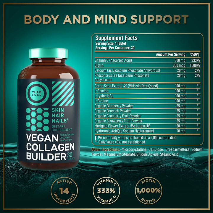 Vegan Collagen Booster Tablets - Cruelty-Free Vegan Collagen Supplements - Biotin, Organic Superfood, Plant Based Collagen Vitamins for Skin, Hair, Nails - 2-Pack, 60 Vegeterian Collagen Boost Pills