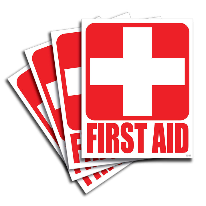 (4) First Aid Kit Sticker Sign Self Adhesive Decal 5x4 for Car, Office or Business Emergency First Aid Kit Sign