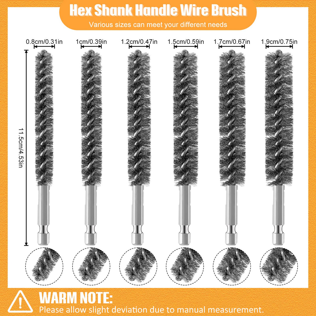 Stainless Steel Bore Brush Stainless Steel Bristles Wire Brush for Power Drill with Hex Shank Handle (0.8 cm, 1 cm, 1.2 cm, 1.5 cm, 1.7 cm, 1.9 cm, 6 Pcs)