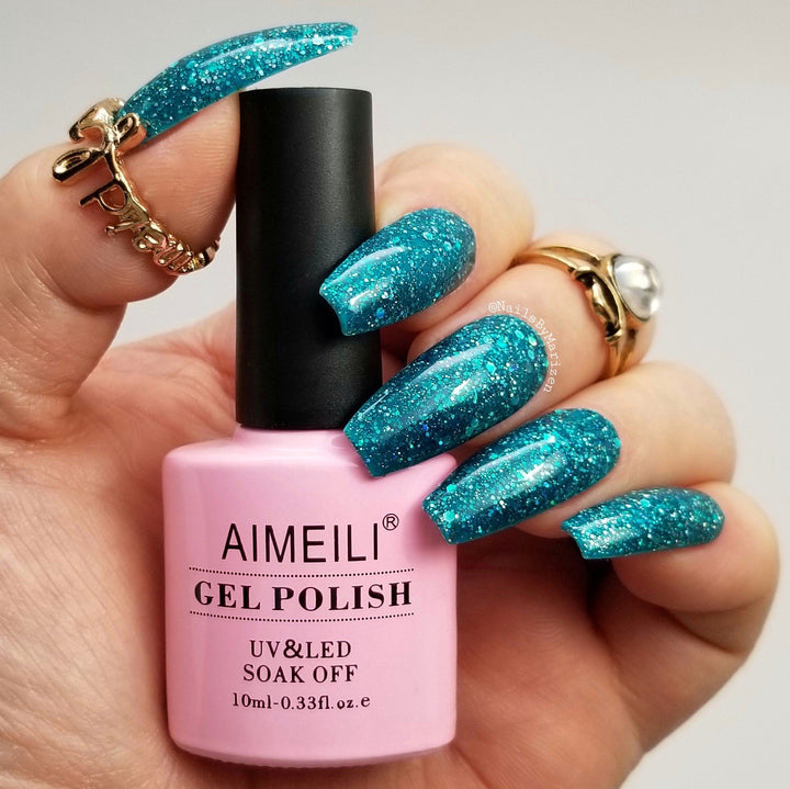 Shellac Soak Off UV LED Gel Nail Polish - Diamond Glitter Teal Blue Green (044) 10ml