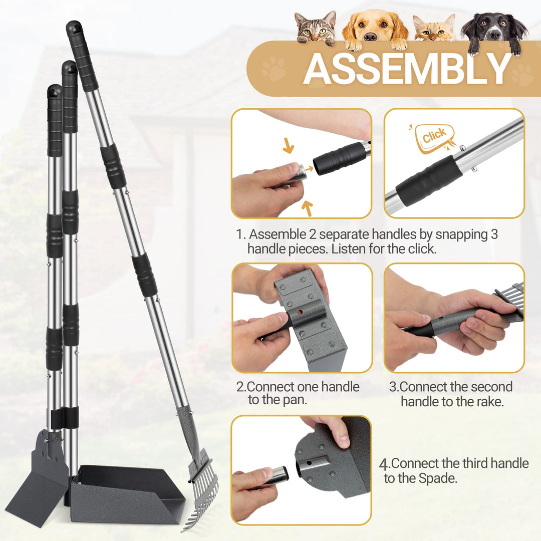 Dog Pooper Scooper, Dog Poop Tray and Rake Set, Pet Waste Removal Scoop with Long Adjustable Sectional Stainless Handles