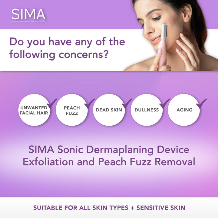 - SIMA Sonic Dermaplaning Tool - Patented Painless 2 in 1 Facial Exfoliation & Peach Fuzz-Hair Removal System w/ 7 Weeks Treatment Included - Anti-Aging – 3 Speeds – Rechargeable