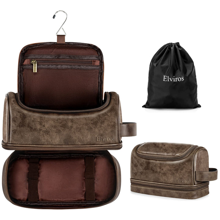 Toiletry Bag, Mens Leather Travel Organizer Kit with hanging hook, Large Water-resistant Toiletries Bathroom Shaving Bags for Women (Coffee)