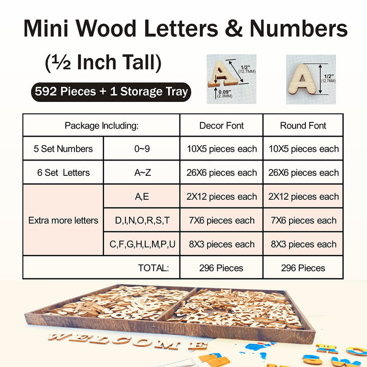 592 Pieces 1/2 Inch Mini Wooden Alphabet Letters and Unfinished Wood Numbers with Rustic Storage Tray for Scrapbooking DIY Crafts Homemade Gifts