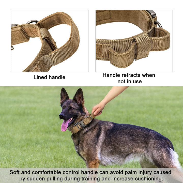 Tactical Dog Collar Adjustable Military Collar: - Nylon K9 Collars with Handle and Heavy Duty Metal Buckle for Medium Dogs with 3 Patches and Airtag Case Holder (M, Brown)