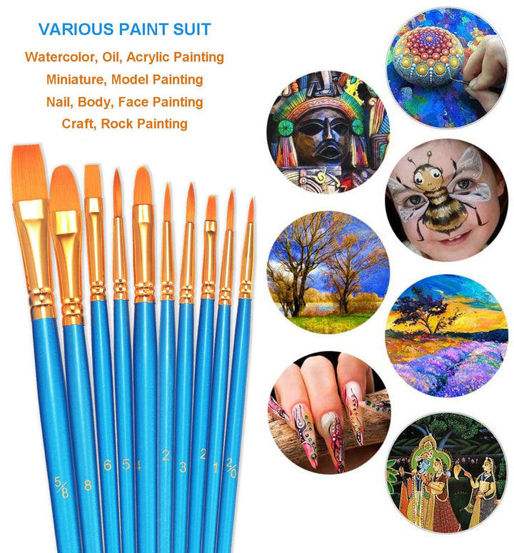 Paint Brush Sets, 10 Pack 100 Pcs Pointed-Round Tip Paintbrushes Nylon Hair Artist Acrylic Paint Brushes for Acrylic Watercolor Oil, Face Art, Model, Miniature Detailing & Rock Painting, Blue