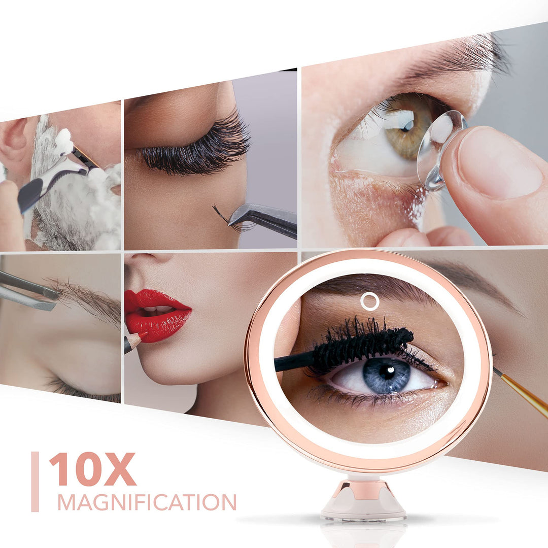 10X Magnifying Makeup Mirror with True Natural Light and Locking Suction - 8 inch Large Lighted Travel Vanity Mirror, Dimmable Daylight LEDs, Battery and USB Operated - Luna (Rose Gold)