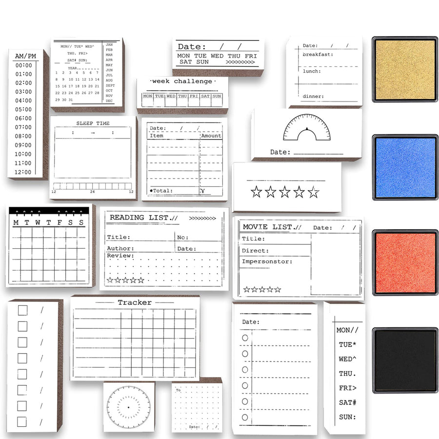 18 Pcs Journal Stamps w/Ink Pad, 4 Set Bujo Stamp Calendar Planner Stencil for Journal DIY, to Do List, Tasks, Month Week Dates Organizer, Scrapbooking Craft, Enhance and Simplify Your Planner