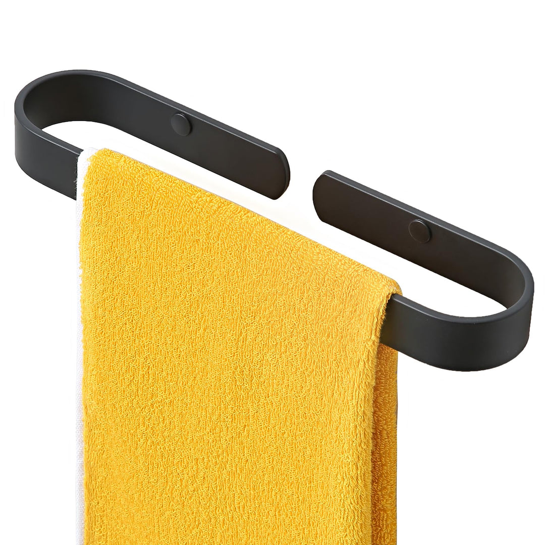 Adhesive Towel Bar for Bathroom Black 17.3 in, Hand Towel Holder Wall Mounted Kitchen Towel Rack with 2 Hooks, No Drilling Glue/Screw in