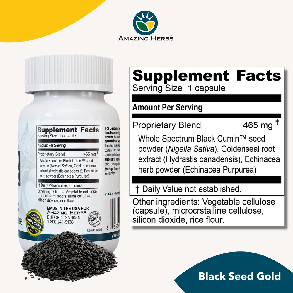 Whole Spectrum Black Seed Gold - Black Cumin Seed with Goldenseal & Echinacea, Gluten-Free & Non-GMO, Immune Support, Promotes Health & Wellness - 60 Count