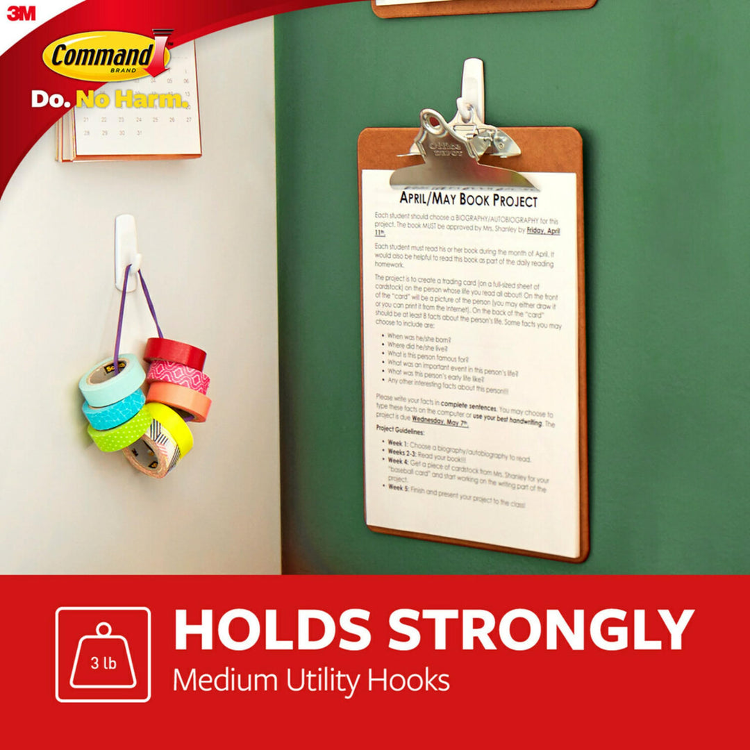 Medium Utility Hooks, Damage Free Hanging Wall Hooks with Adhesive Strips, No Tools Wall Hooks for Hanging Organizational Items in Living Spaces, 9 White Hooks and 12 Strips