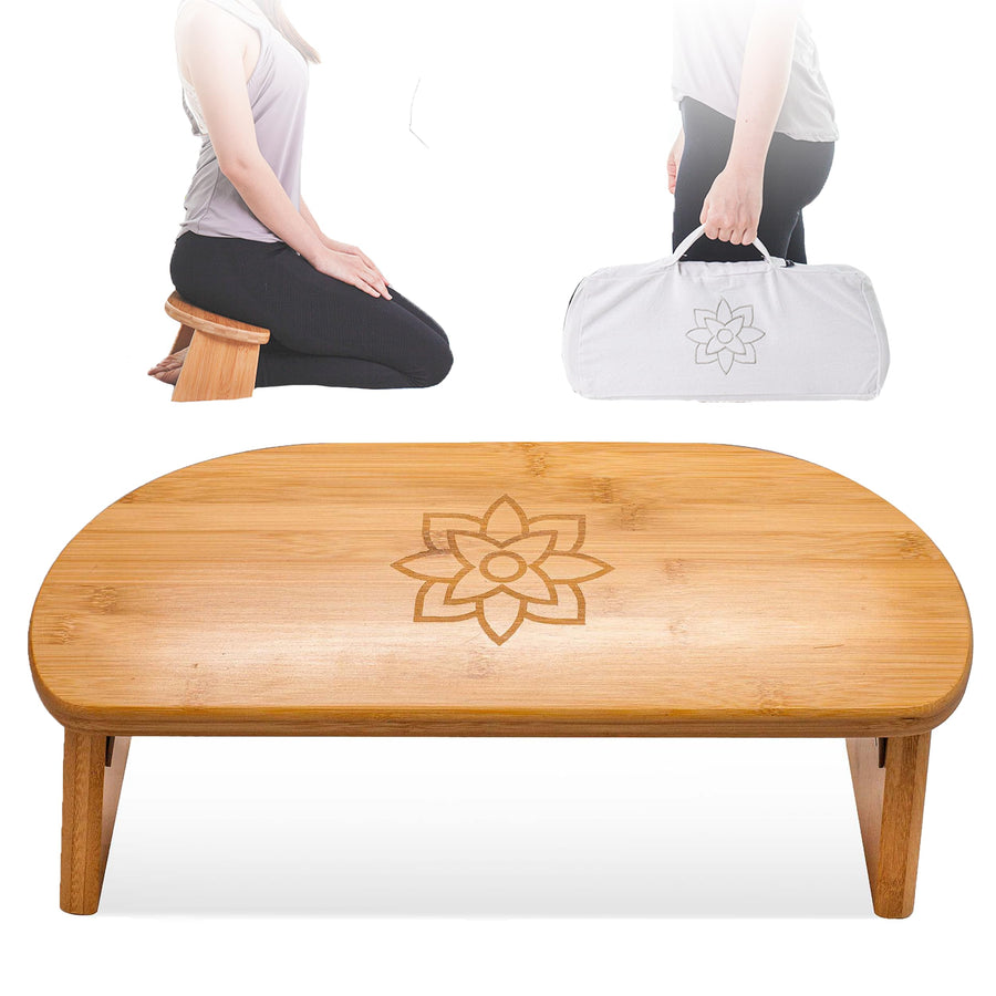 Folding Meditation Bench - Bamboo Kneeling Stool with Locking Magnetic Hinges - Portable Cross Legged Folding Seiza Chair w/Travel Bag