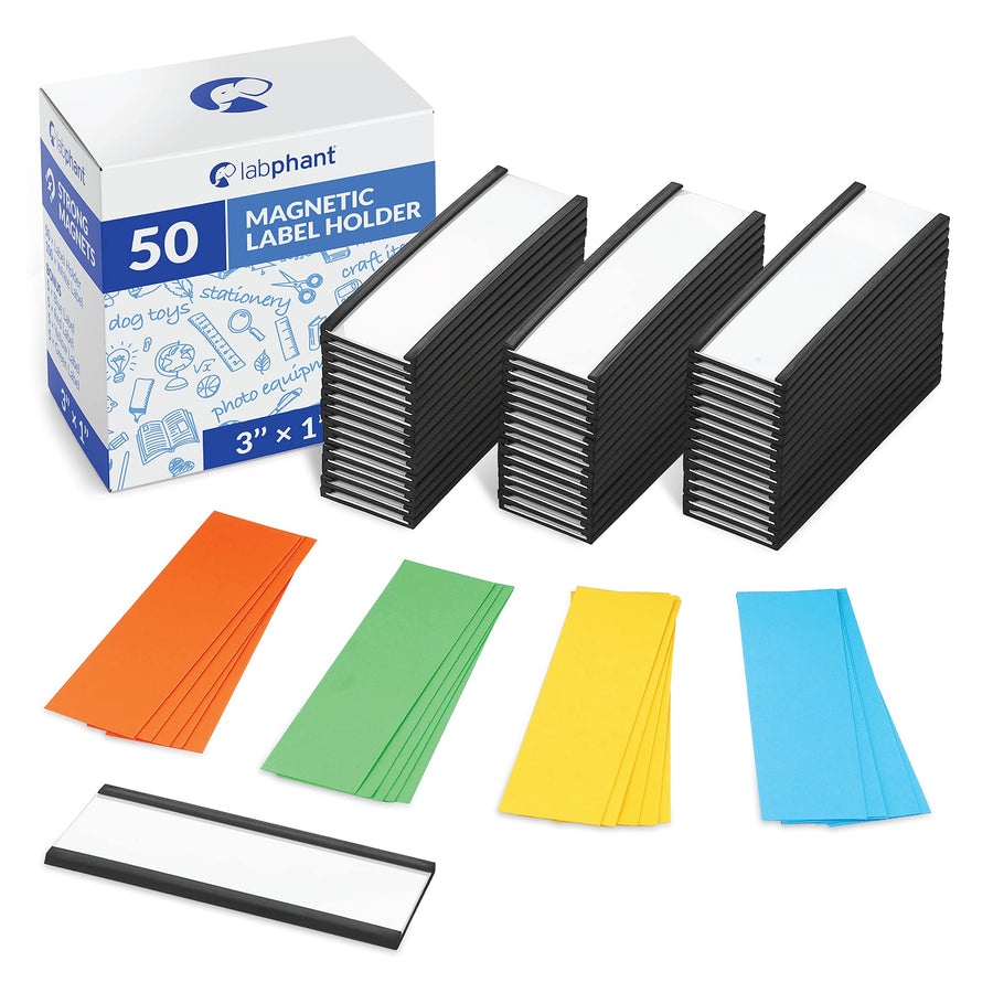50 Pack C Channel Magnetic Label Holders 1x3 with 100 White Card Inserts, 50 Clear Plastic Protectors and Bonus 20 Colorful Cardstock Inserts in Blue, Green, Yellow and Red - Double-Sided Cards
