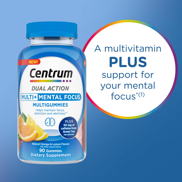 MultiGummies Multi+ Dual Action Mental Focus Adult Multivitamin with Caffeine from Green Tea, Supports Mental Focus, Attention and Alertness, Lemon/Orange Flavors - 90 Count