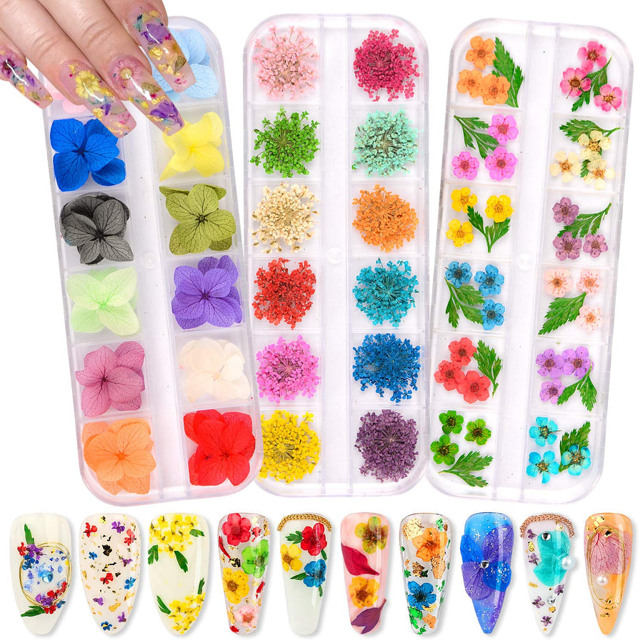 Dried Flowers for Nails 120pcs/set 3D Real Encapsulated Nail Pressed Flowers for Nail Art & Resin Craft DIY - Gypsophila, Five Petals Flowers, Leaves, Hydrangea Macrophylla (Pattern A)