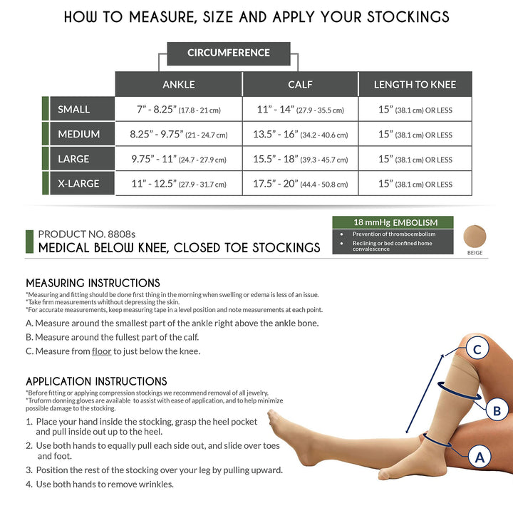 Truform Closed Toe, Knee High, 18 mmHg Anti-Embolism Stockings, Beige, Large, Short Length