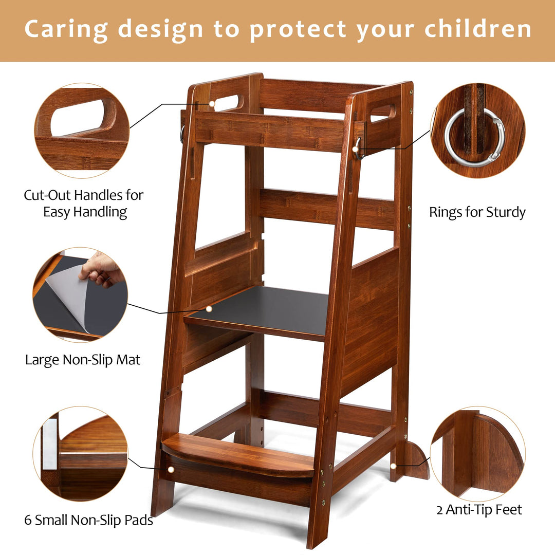Bamboo Toddler Kitchen Step Stool Helper Standing Tower Height Adjustable with Anti-Slip Protection