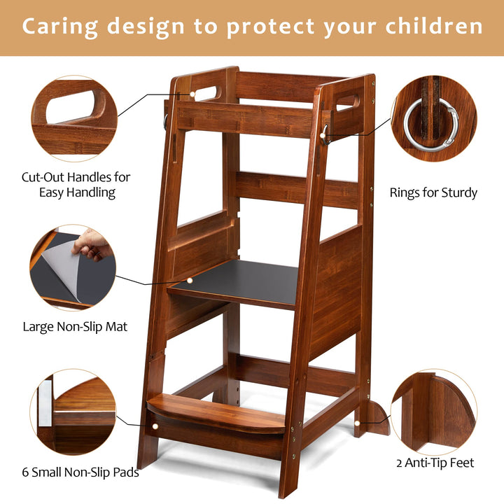 Bamboo Toddler Kitchen Step Stool Helper Standing Tower Height Adjustable with Anti-Slip Protection