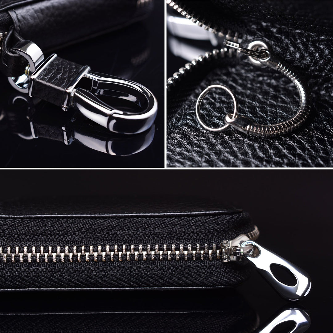 Car Key case,Genuine Leather Car Key Chain Keychain Holder Metal Hook and Keyring Zipper Bag for Remote Key Fob - Black