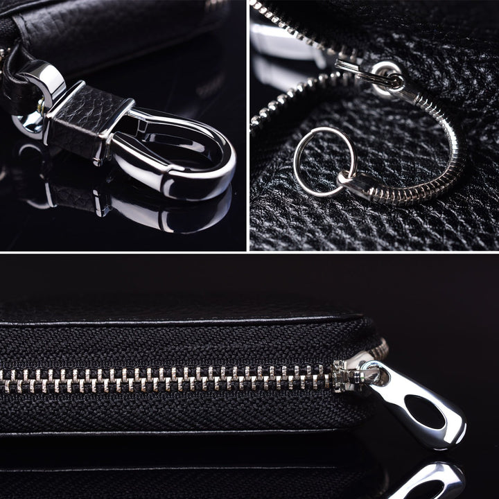 Car Key case,Genuine Leather Car Key Chain Keychain Holder Metal Hook and Keyring Zipper Bag for Remote Key Fob - Black