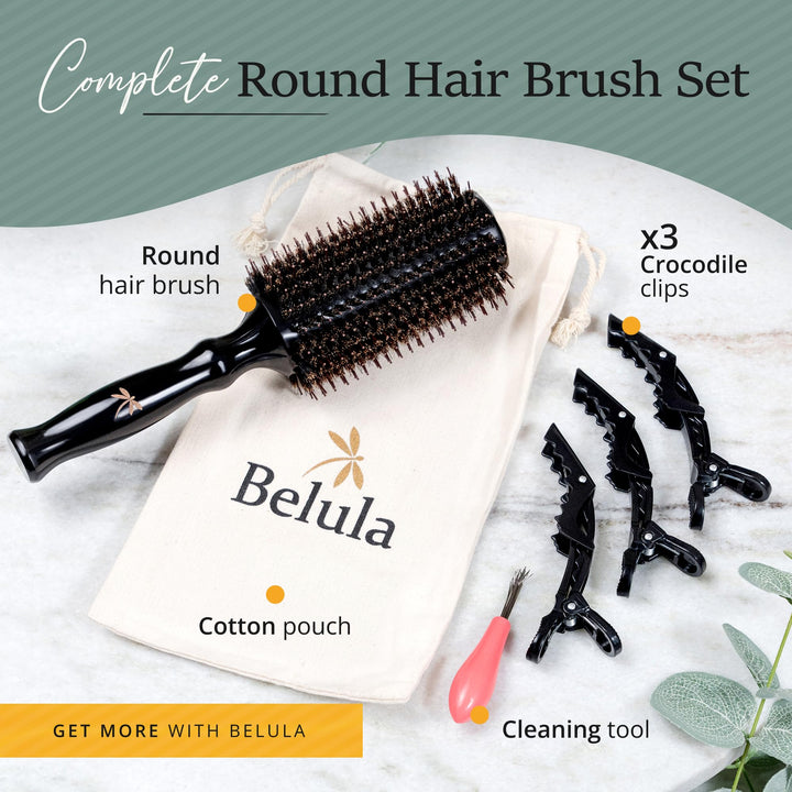 Boar Bristle Round Brush for Blow Drying Set. Round Hair Brush With Large 2.7” Wooden Barrel. Hairbrush Ideal to Add Volume and Body. Free 3 x Hair Clips & Travel Bag.