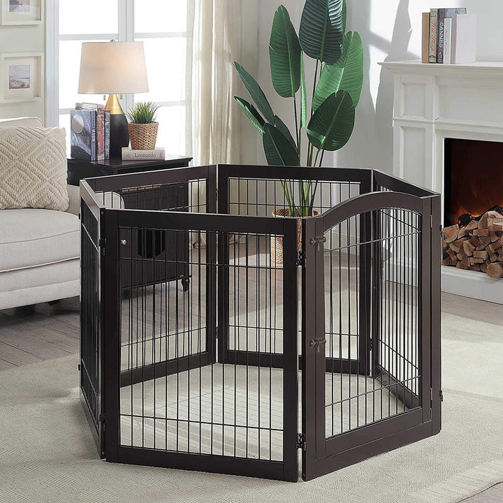 144 Extra Wide Dog Gate and Pet Playpen, Free Standing Tall Dog Fence with Walk Through Door, Barriers for Home, Use as Indoor Cats Pen, Rabbit Pen, Espresso