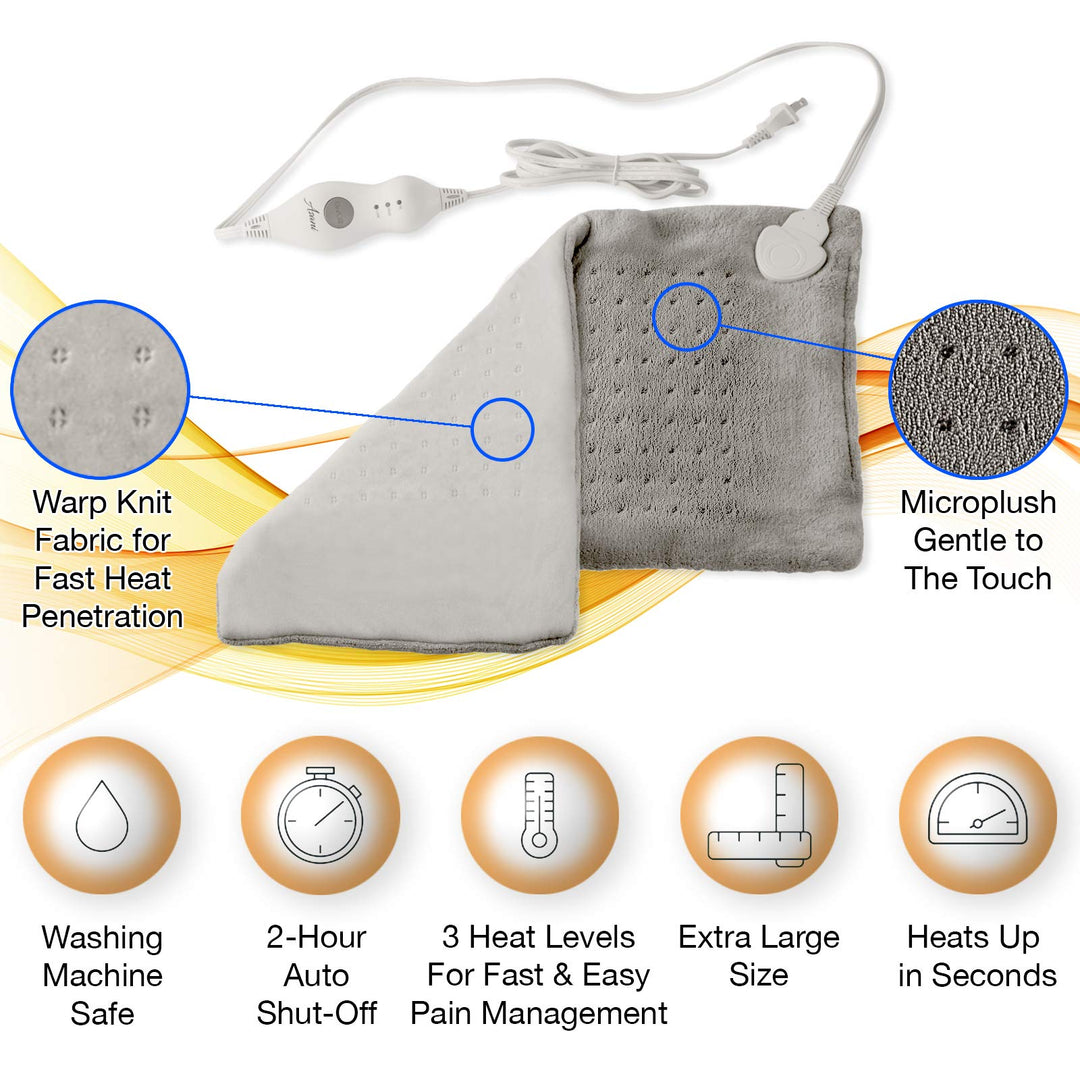 XL Heating Pad for Back Pain w/Auto Off | Ultra-Fast Heating | Extra Large Dry Electric Heat Therapy Wrap | Plush Hot Pad for Back, Neck, Shoulders, Abdomen, Arm, Legs, More (Grey)