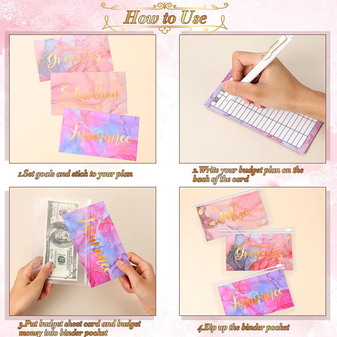 24 Pieces Budget Sheets Expense Tracker Sheets Budget Cash Envelopes A6 Pockets Binder Zipper Folders Money Organizer System (Pink Style)