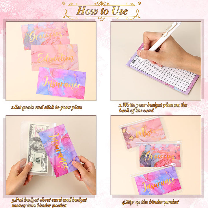 24 Pieces Budget Sheets Expense Tracker Sheets Budget Cash Envelopes A6 Pockets Binder Zipper Folders Money Organizer System (Pink Style)