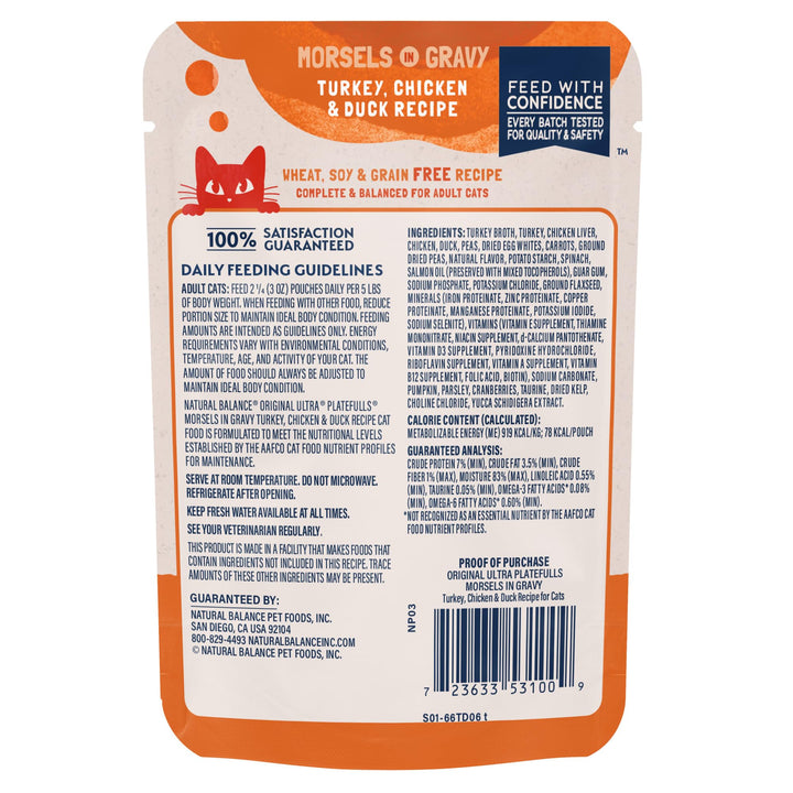 Original Ultra Platefulls Adult Grain-Free Wet Cat Food, Turkey, Chicken & Duck Recipe in Gravy, 3 oz (Pack of 24)