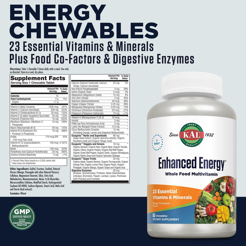 Enhanced Energy Supplements, Whole Food Chewable Multivitamin with Iron, 3 Daily, 23 Essential Vitamins and Minerals, Super Foods, Enzymes, Mango Pineapple Flavor, 60-Day Guarantee, 20 Serv, 60ct
