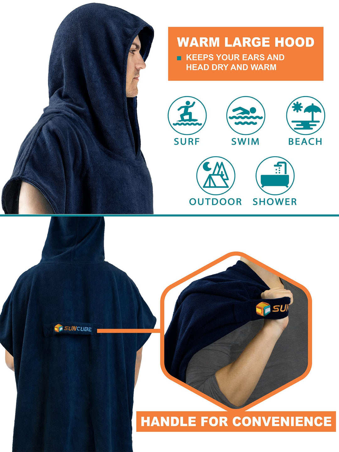 SUN CUBE Surf Poncho Changing Robe with Hood, Thick Quick Dry Microfiber Wetsuit Changing Towel for Surfing Beach Swim Outdoor Sports Men, Absorbent Wearable Towel Cover Up with Pocket, Navy Blue
