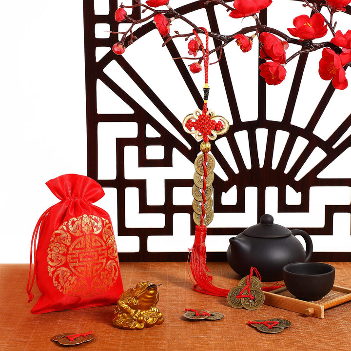 Feng Shui Money Frog with Chinese Coins Lucky Knots Red Blessing Bag Gold Three Legged Toad Decoration for Attracting Wealth Success Chinese New Year Gifts