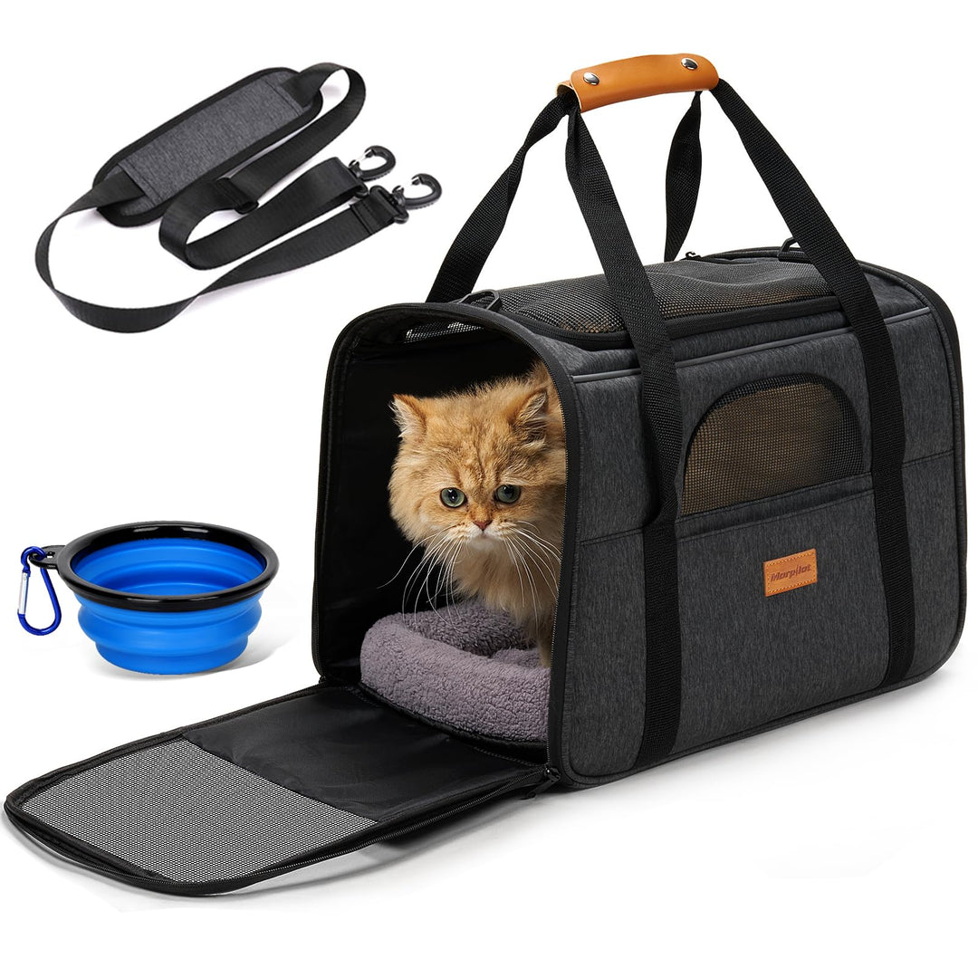 Large Cat Carrier - Soft Sided Cat Carrier Large for Big Medium Cats and Puppy up to 20lbs, Pet Carrier with Safety Zippers, Foldable Bowl, Pet Travel Carrier Bag - Dark Gray Large