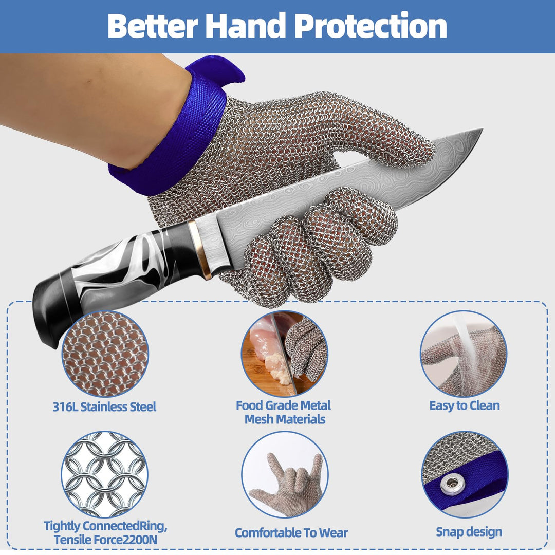 Cut Resistant Chainmail Glove, Food Grade Stainless Steel 316 Hand Protective Glove, PPE Metal Mesh Cutting Glove