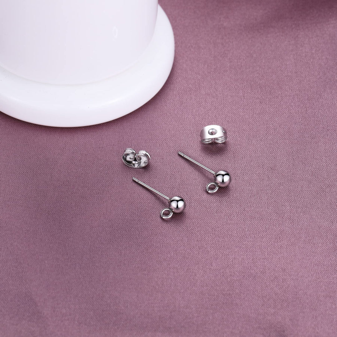 100 Sets Stainless Steel Solid Round Ball Post Stud Earrings with Loop for Jewelry Dangle Earring Making