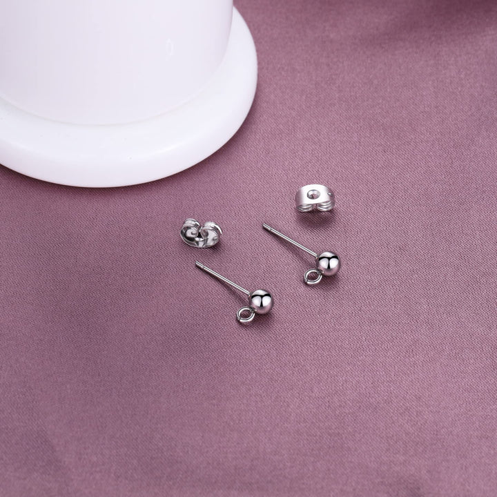 100 Sets Stainless Steel Solid Round Ball Post Stud Earrings with Loop for Jewelry Dangle Earring Making