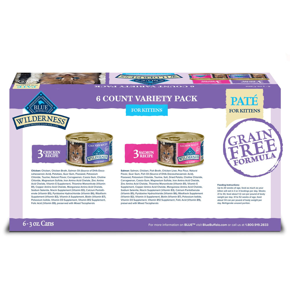 Wilderness Kitten Food, High-Protein & Grain-Free Wet Cat Food Paté Variety Pack, Chicken & Salmon Recipes, 3-oz. Cans (6 Count, 3 of Each)
