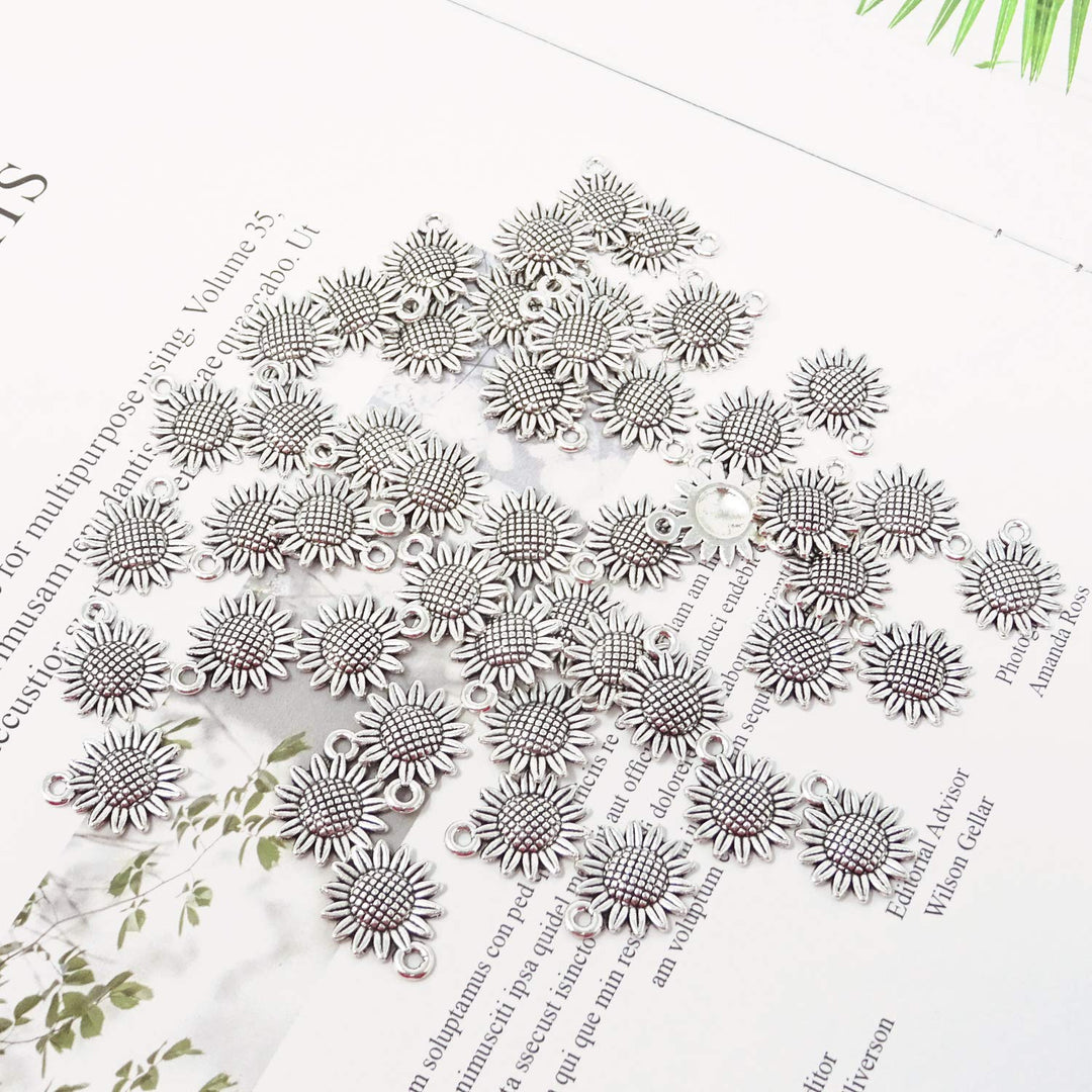 50PCS Vintage Alloy Sunflower Charms Pendant for Jewelry Making or DIY Crafts (Silver)